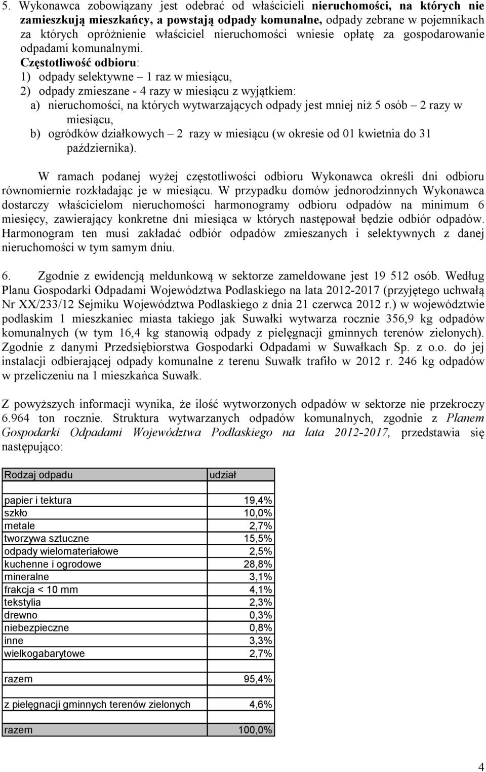 Częstotliwość odbioru: 1) odpady selektywne 1 raz w miesiącu, 2) odpady zmieszane - 4 razy w miesiącu z wyjątkiem: a) nieruchomości, na których wytwarzających odpady jest mniej niż 5 osób 2 razy w