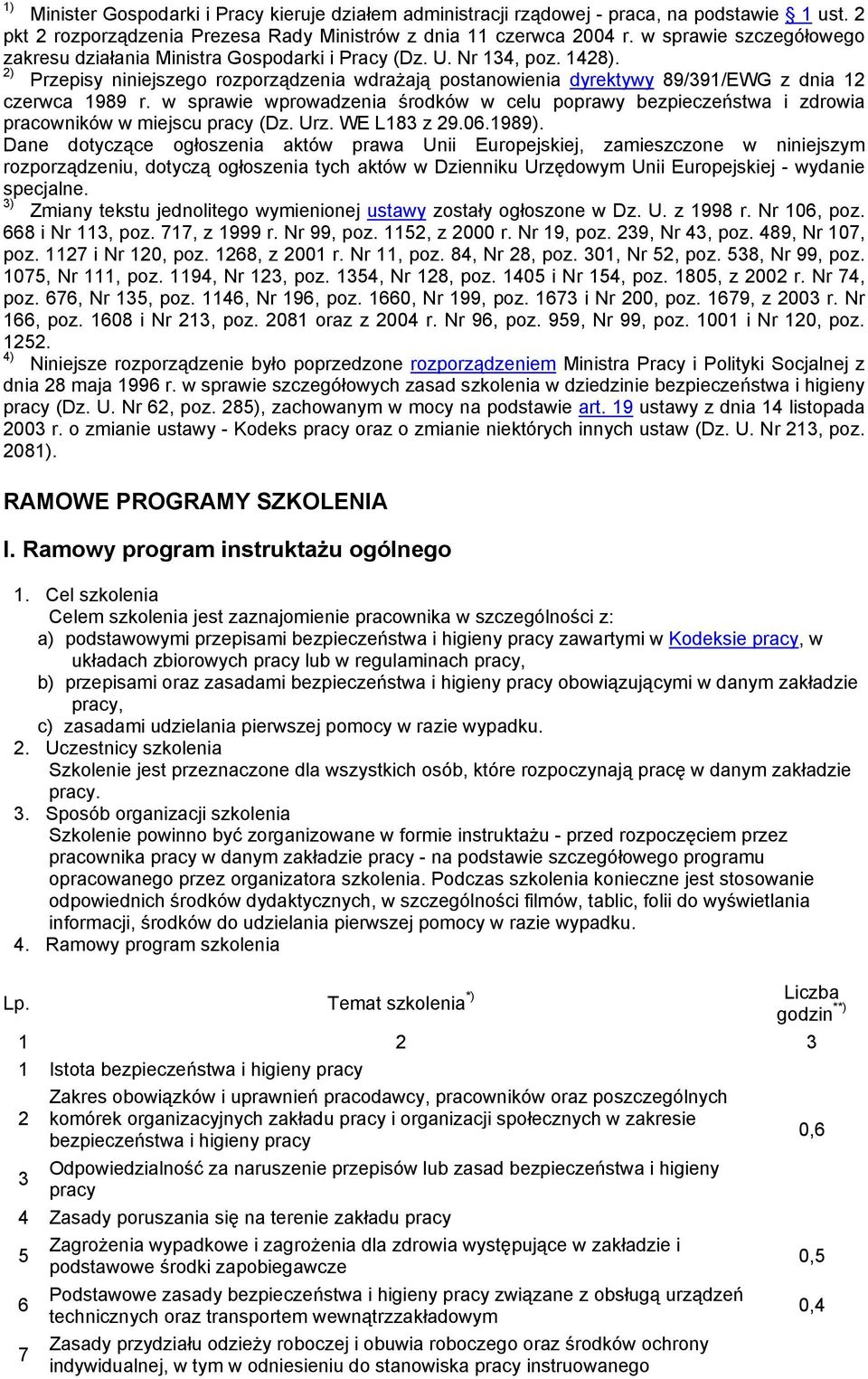 w sprawie wprowadzenia środków w celu poprawy bezpieczeństwa i zdrowia pracowników w miejscu pracy (Dz. Urz. WE L8 z 9.06.989).