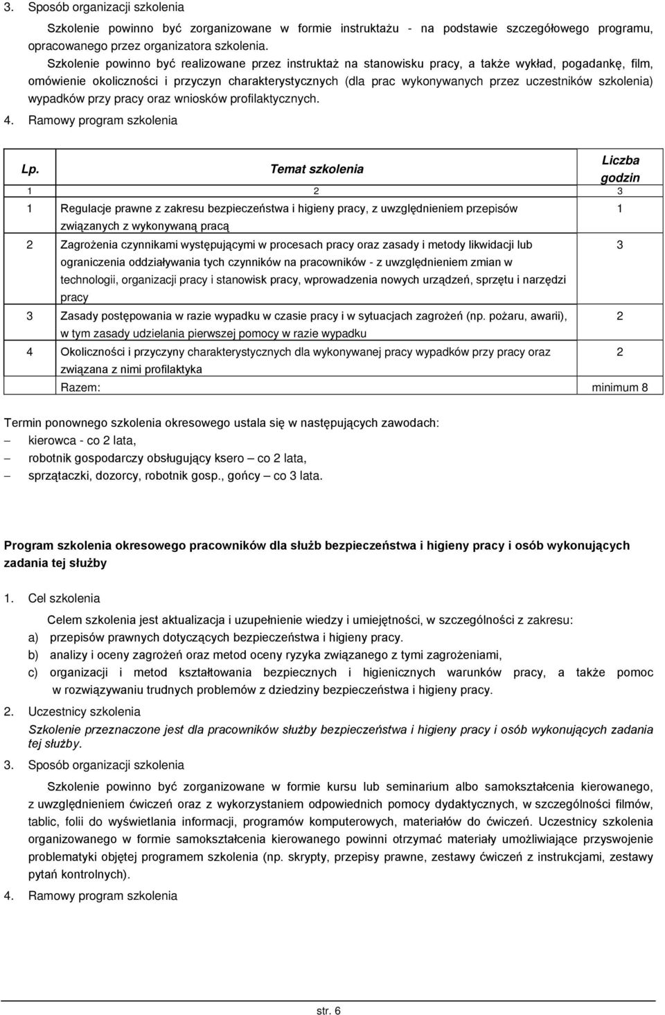 szkolenia) wypadków przy pracy oraz wniosków profilaktycznych. 4. Ramowy program szkolenia Lp.