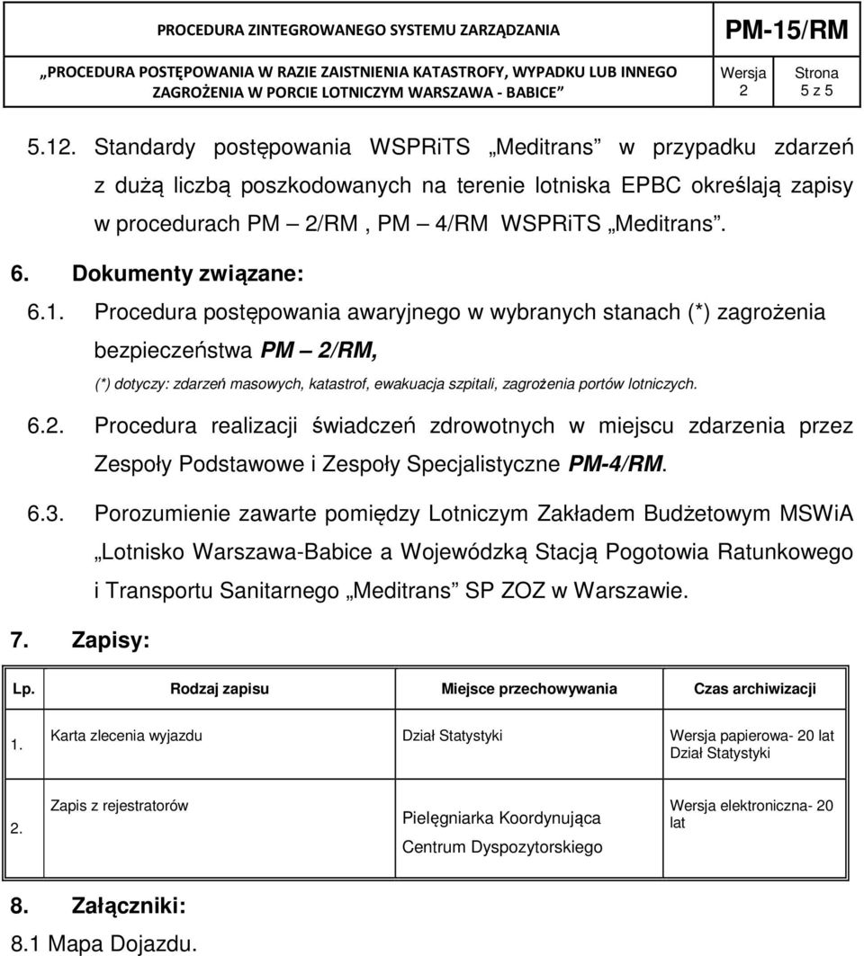 Procedura postępowania awaryjnego w wybranych stanach (*) zagrożenia bezpieczeństwa PM /RM, (*) dotyczy: zdarzeń masowych, katastrof, ewakuacja szpitali, zagrożenia portów lotniczych. 6.