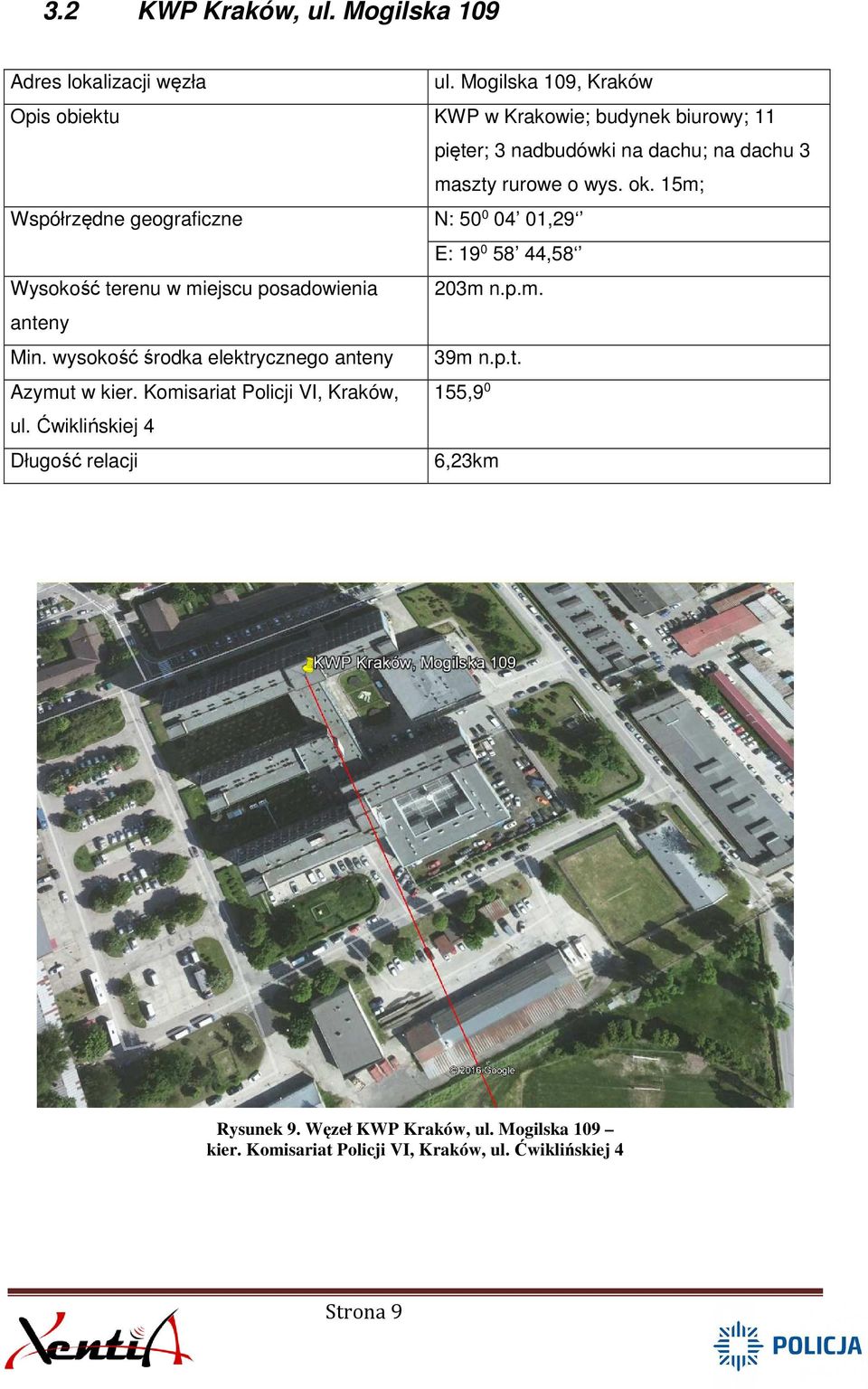 15m; Współrzędne geograficzne N: 50 0 04 01,29 E: 19 0 58 44,58 Wysokość terenu w miejscu posadowienia 203m n.p.m. anteny Min.