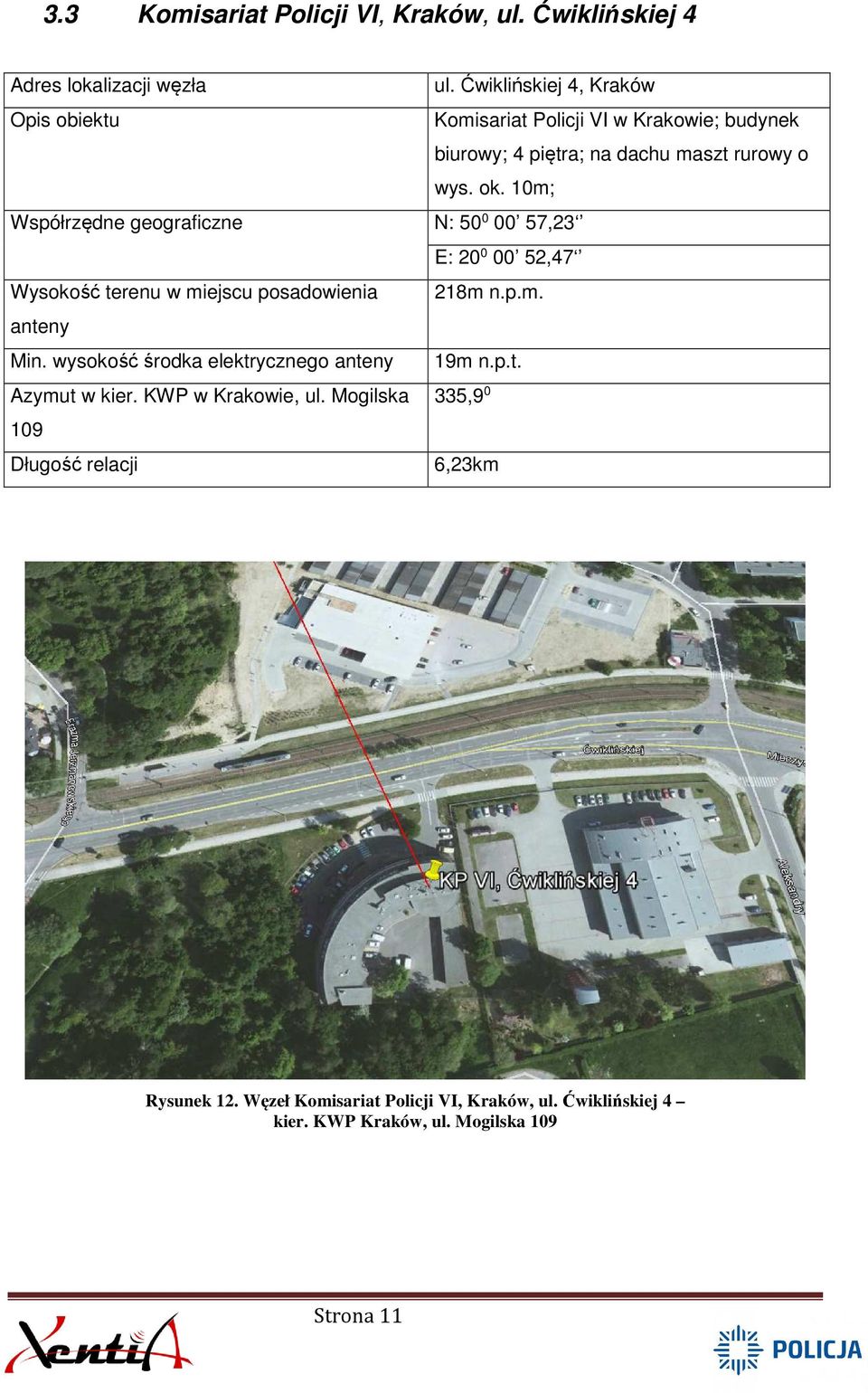 10m; Współrzędne geograficzne N: 50 0 00 57,23 E: 20 0 00 52,47 Wysokość terenu w miejscu posadowienia 218m n.p.m. anteny Min.