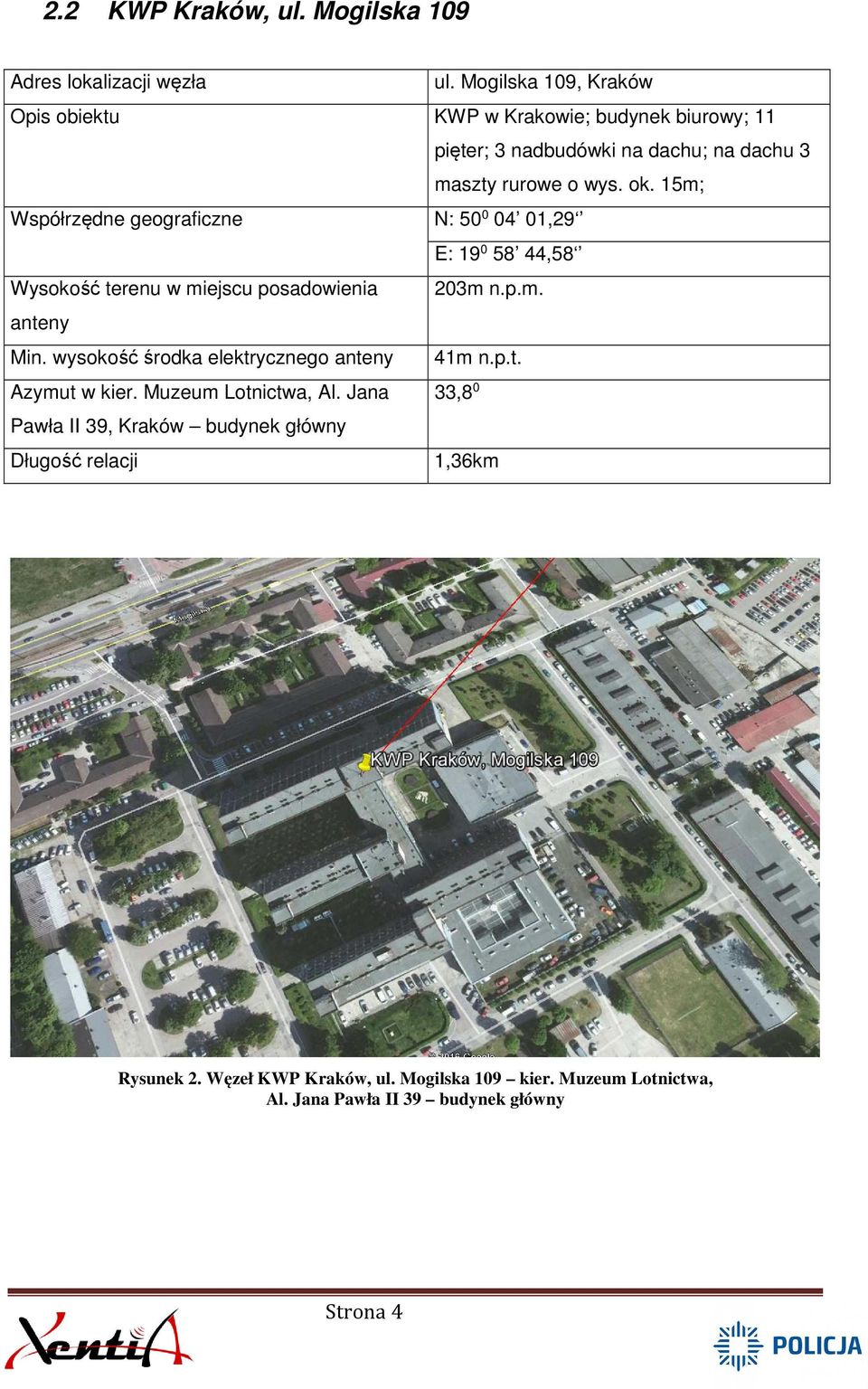 15m; Współrzędne geograficzne N: 50 0 04 01,29 E: 19 0 58 44,58 Wysokość terenu w miejscu posadowienia 203m n.p.m. anteny Min.