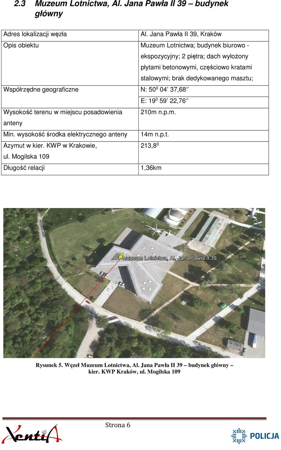 stalowymi; brak dedykowanego masztu; Współrzędne geograficzne N: 50 0 04 37,68 E: 19 0 59 22,76 Wysokość terenu w miejscu posadowienia 210m n.p.m. anteny Min.