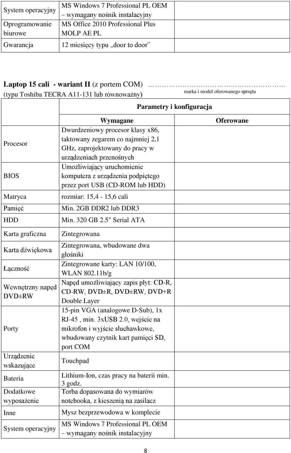 Dwurdzeniowy procesor klasy x86, taktowany zegarem co najmniej 2,1 GHz, zaprojektowany do pracy w urządzeniach przenośnych Umożliwiający uruchomienie komputera z urządzenia podpiętego przez port USB