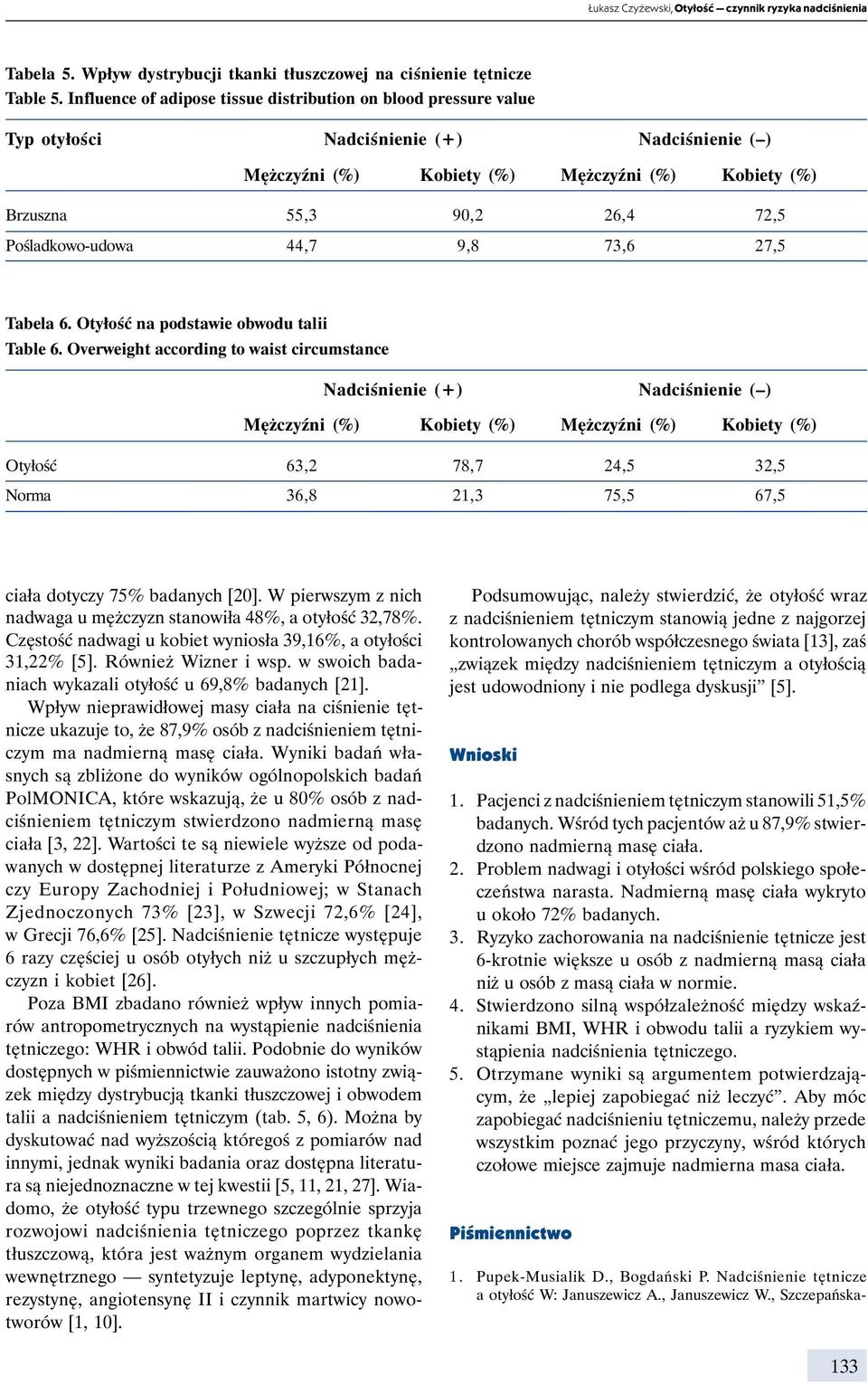 Pośladkowo-udowa 44,7 9,8 73,6 27,5 Tabela 6. Otyłość na podstawie obwodu talii Table 6.