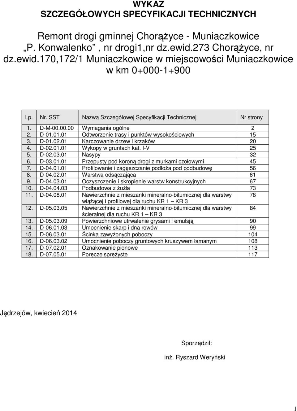 D-01.01.01 Odtworzenie trasy i punktów wysokościowych 15 3. D-01.02.01 Karczowanie drzew i krzaków 20 4. D-02.01.01 Wykopy w gruntach kat. I-V 25 5. D-02.03.01 Nasypy 32 6. D-03.01.01 Przepusty pod koroną drogi z murkami czołowymi 45 7.
