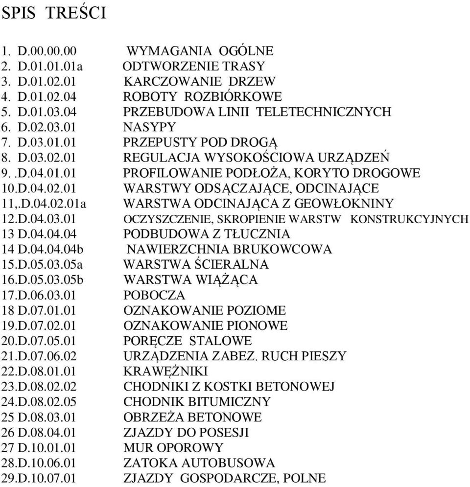 D.04.03.01 OCZYSZCZENIE, SKROPIENIE WARSTW KONSTRUKCYJNYCH 13 D.04.04.04 PODBUDOWA Z TŁUCZNIA 14 D.04.04.04b NAWIERZCHNIA BRUKOWCOWA 15.D.05.03.05a WARSTWA ŚCIERALNA 16.D.05.03.05b WARSTWA WIĄŻĄCA 17.