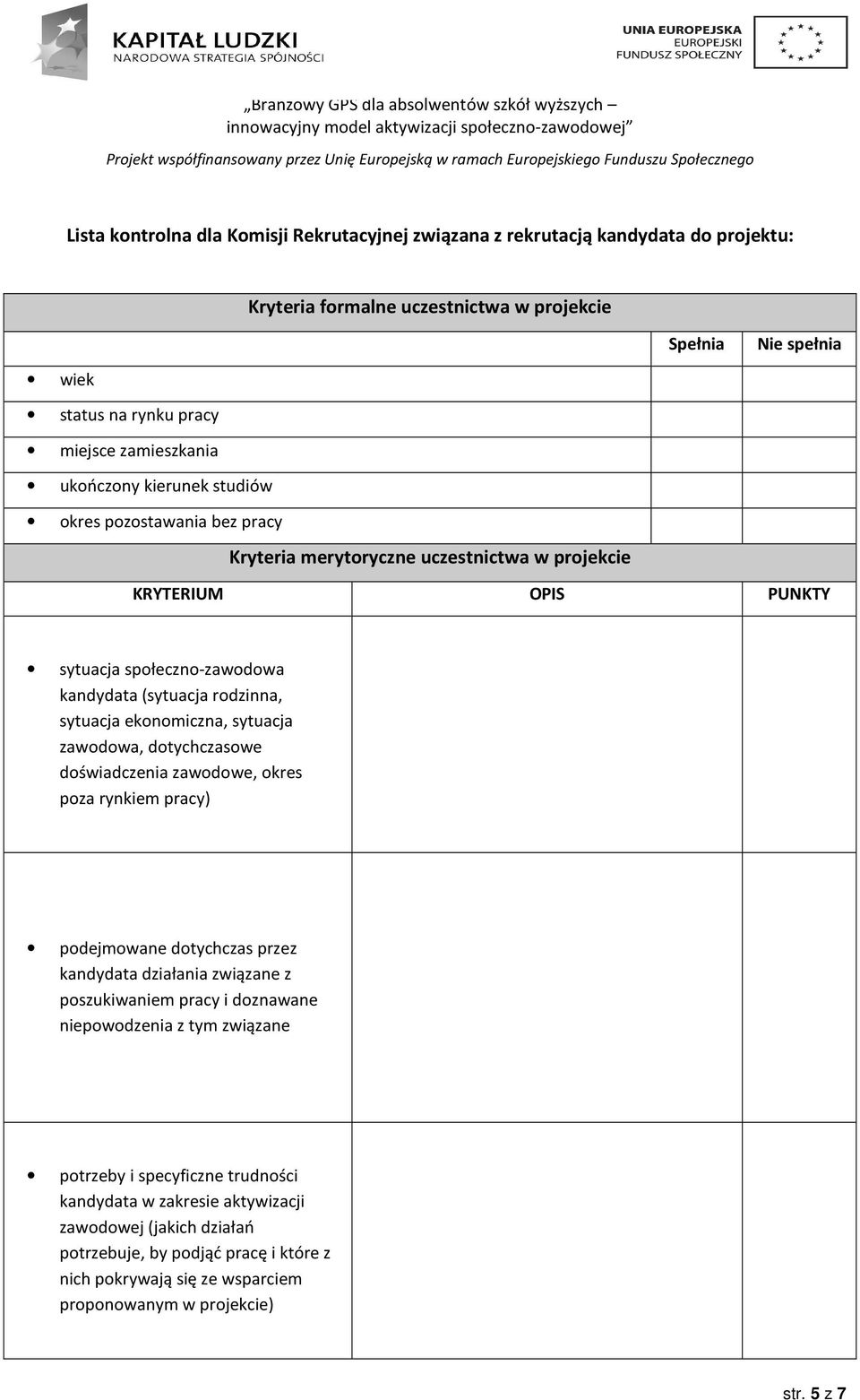 ekonomiczna, sytuacja zawodowa, dotychczasowe doświadczenia zawodowe, okres poza rynkiem pracy) podejmowane dotychczas przez kandydata działania związane z poszukiwaniem pracy i doznawane