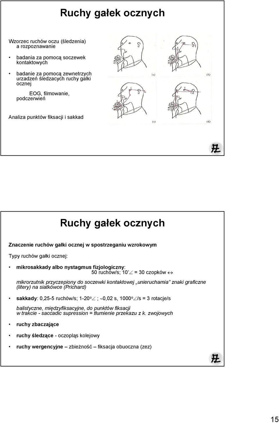 ruchów/s; 10 = 30 czopków mikrorzutnik przyczepiony do soczewki kontaktowej unieruchamia znaki graficzne (litery) na siatkówce (Prichard) sakkady: 0,25-5 ruchów/s; 1-20 o ; 0,02 s, 1000 o /s = 3