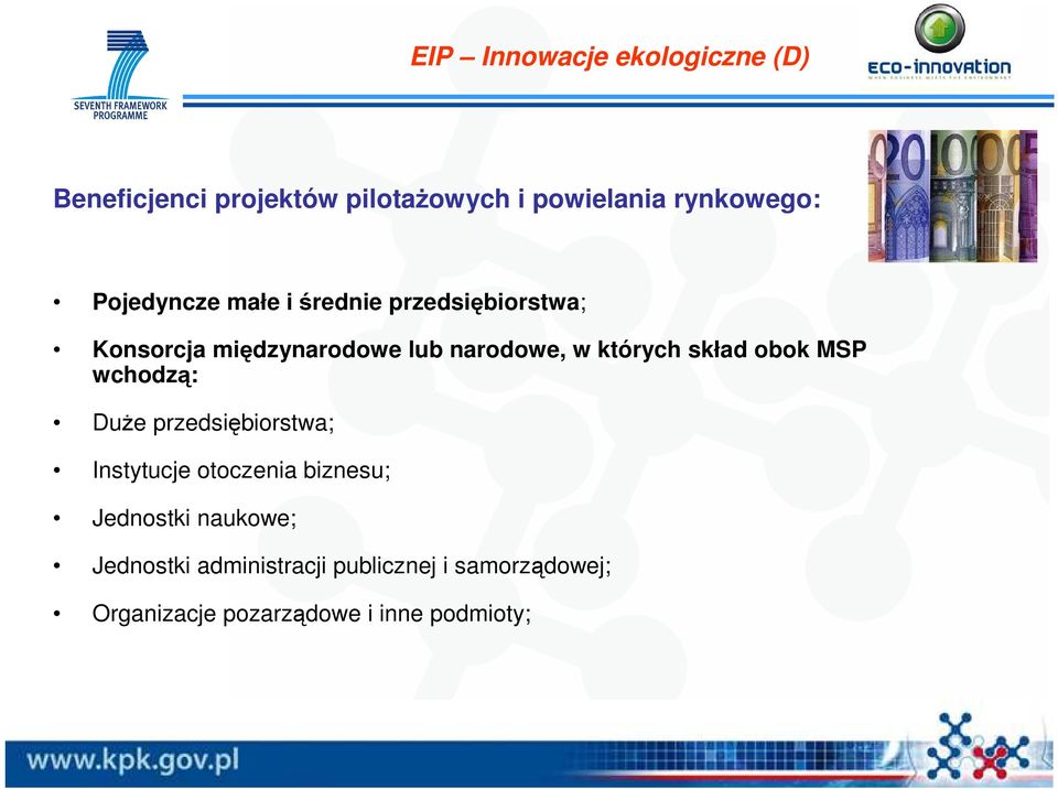 obok MSP wchodzą: DuŜe przedsiębiorstwa; Instytucje otoczenia biznesu; Jednostki