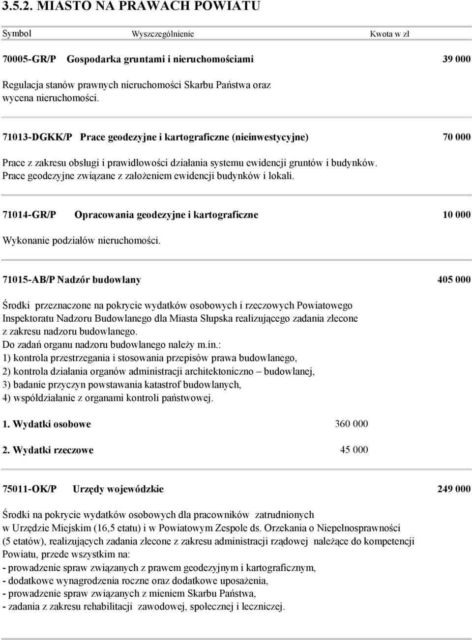 71013-DGKK/P Prace geodezyjne i kartograficzne (nieinwestycyjne) 70 000 Prace z zakresu obsługi i prawidłowości działania systemu ewidencji gruntów i budynków.