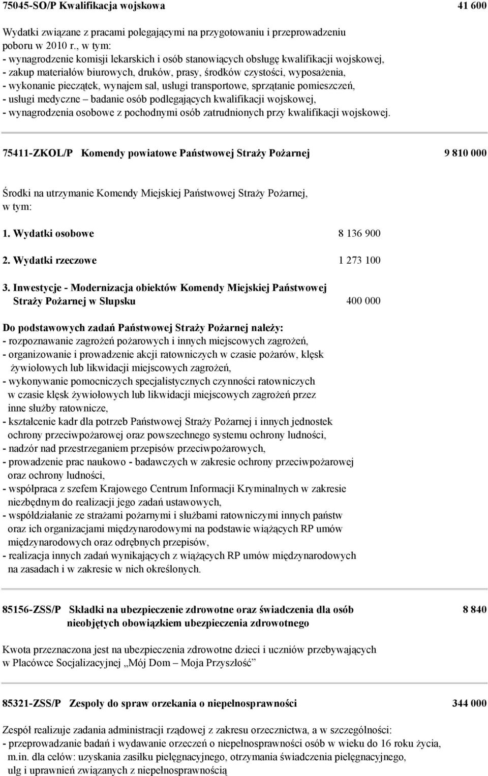 wynajem sal, usługi transportowe, sprzątanie pomieszczeń, - usługi medyczne badanie osób podlegających kwalifikacji wojskowej, - wynagrodzenia osobowe z pochodnymi osób zatrudnionych przy