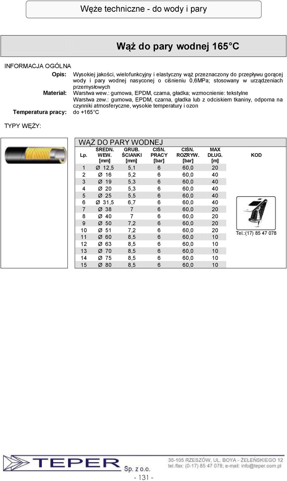 : gumowa, EPDM, czarna, gładka lub z odciskiem tkaniny, odporna na czynniki atmosferyczne, wysokie temperatury i ozon do +165 C WĄŻ DO PARY WODNEJ 1 Ø 12,5 5,1 6 60,0 20 2 Ø 16 5,2 6 60,0 40 3 Ø 19