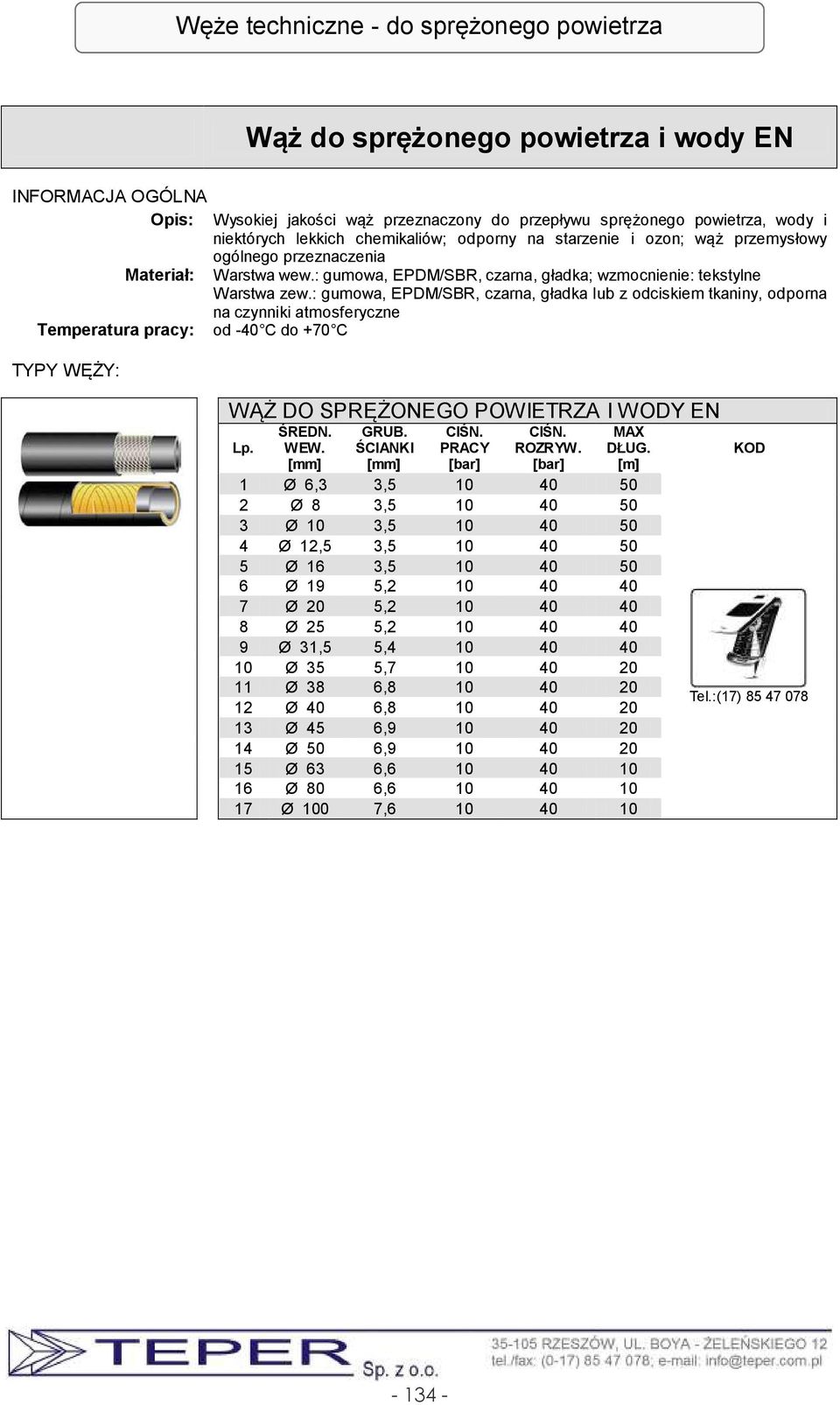 : gumowa, EPDM/SBR, czarna, gładka lub z odciskiem tkaniny, odporna na czynniki atmosferyczne od -40 C do +70 C WĄŻ DO SPRĘŻONEGO POWIETRZA I WODY EN 1 Ø 6,3 3,5 10 40 50 2 Ø 8 3,5 10 40 50 3 Ø 10