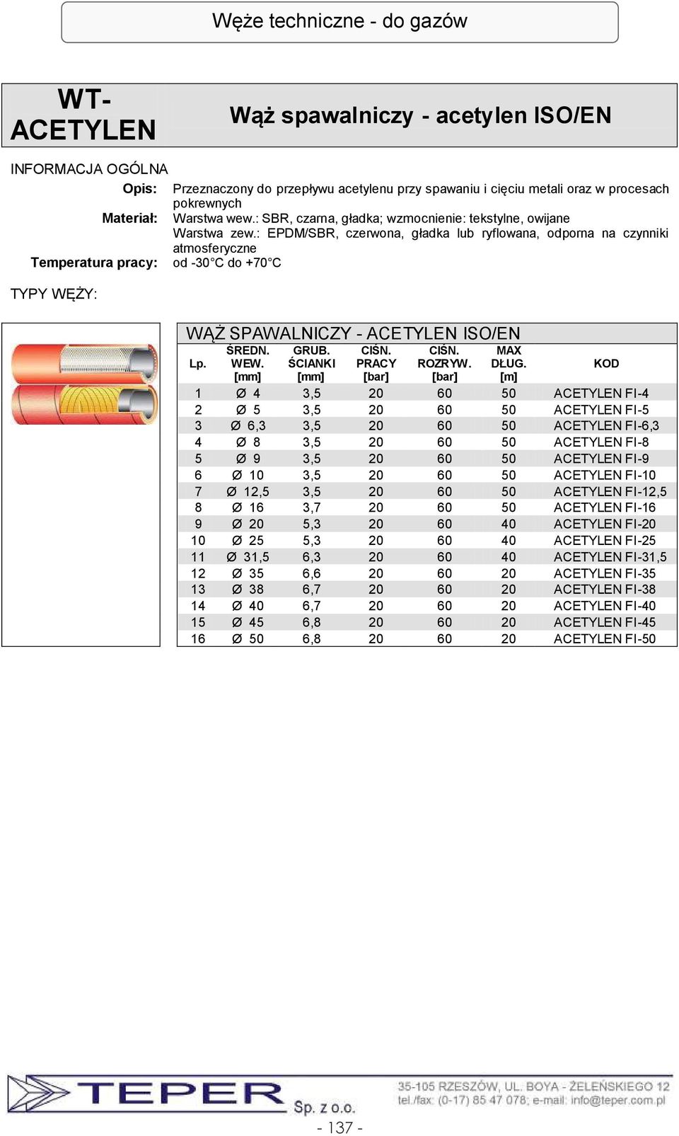 : EPDM/SBR, czerwona, gładka lub ryflowana, odporna na czynniki atmosferyczne od -30 C do +70 C WĄŻ SPAWALNICZY - ACETYLEN ISO/EN 1 Ø 4 3,5 20 60 50 ACETYLEN FI-4 2 Ø 5 3,5 20 60 50 ACETYLEN FI-5 3 Ø