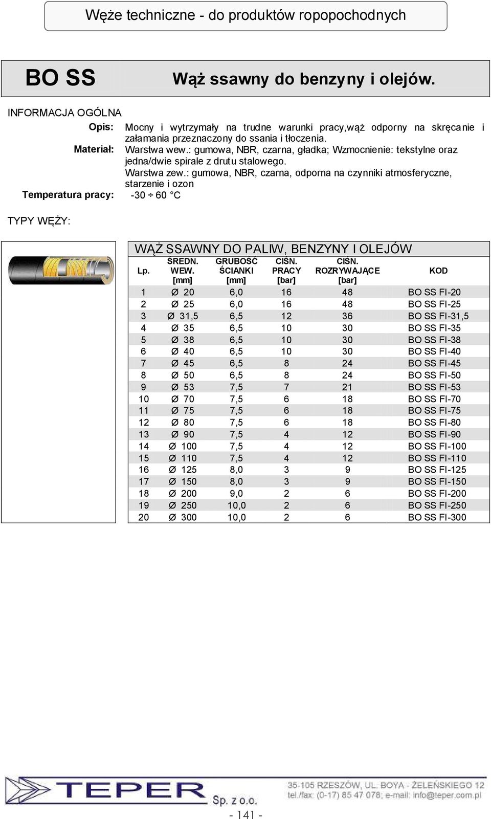 : gumowa, NBR, czarna, odporna na czynniki atmosferyczne, starzenie i ozon -30 60 C WĄŻ SSAWNY DO PALIW, BENZYNY I OLEJÓW GRUBOŚĆ ROZRYWAJĄCE 1 Ø 20 6,0 16 48 BO SS FI-20 2 Ø 25 6,0 16 48 BO SS FI-25