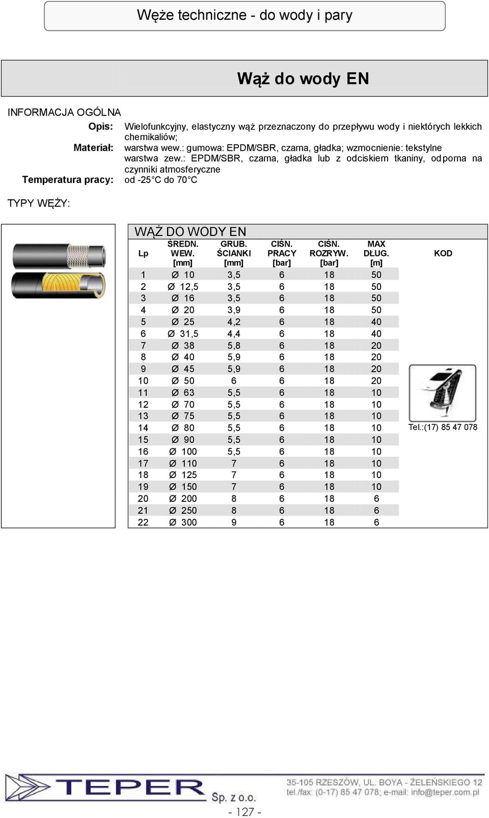 : EPDM/SBR, czarna, gładka lub z odciskiem tkaniny, odporna na czynniki atmosferyczne od -25 C do 70 C WĄŻ DO WODY EN Lp 1 Ø 10 3,5 6 18 50 2 Ø 12,5 3,5 6 18 50 3 Ø 16 3,5 6 18 50 4 Ø 20 3,9 6 18 50