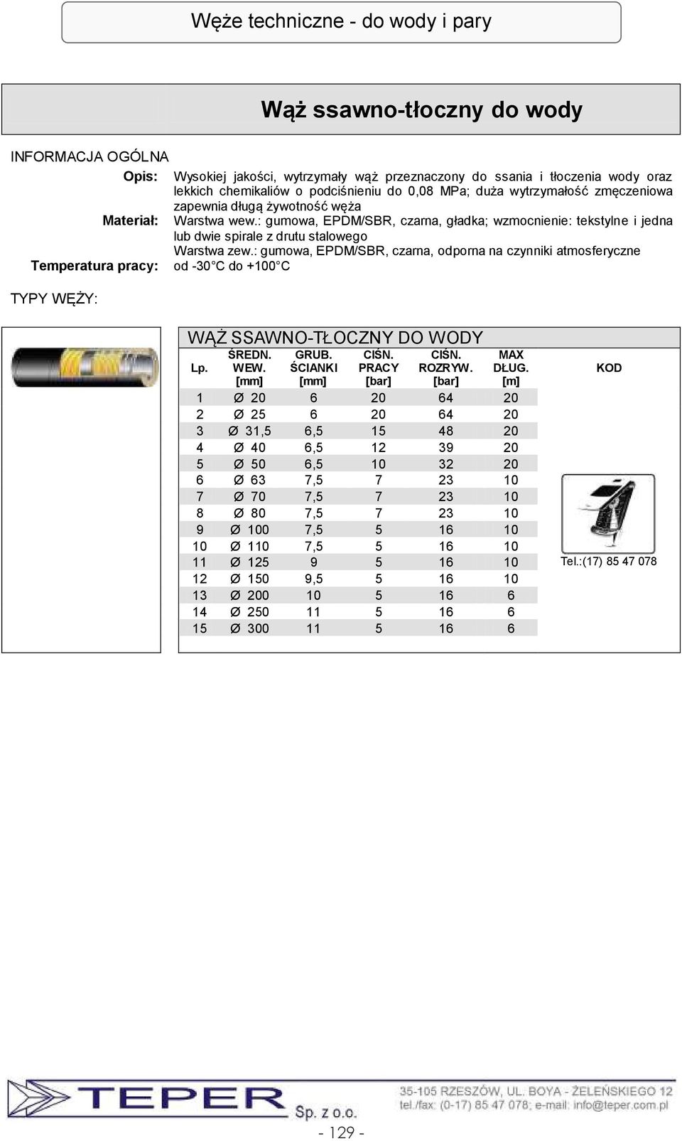 : gumowa, EPDM/SBR, czarna, odporna na czynniki atmosferyczne od -30 C do +100 C WĄŻ SSAWNO-TŁOCZNY DO WODY 1 Ø 20 6 20 64 20 2 Ø 25 6 20 64 20 3 Ø 31,5 6,5 15 48 20 4 Ø 40 6,5 12 39 20 5 Ø 50 6,5 10