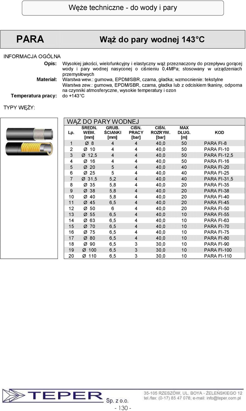 : gumowa, EPDM/SBR, czarna, gładka lub z odciskiem tkaniny, odporna na czynniki atmosferyczne, wysokie temperatury i ozon do +143 C WĄŻ DO PARY WODNEJ 1 Ø 8 4 4 40,0 50 PARA FI-8 2 Ø 10 4 4 40,0 50