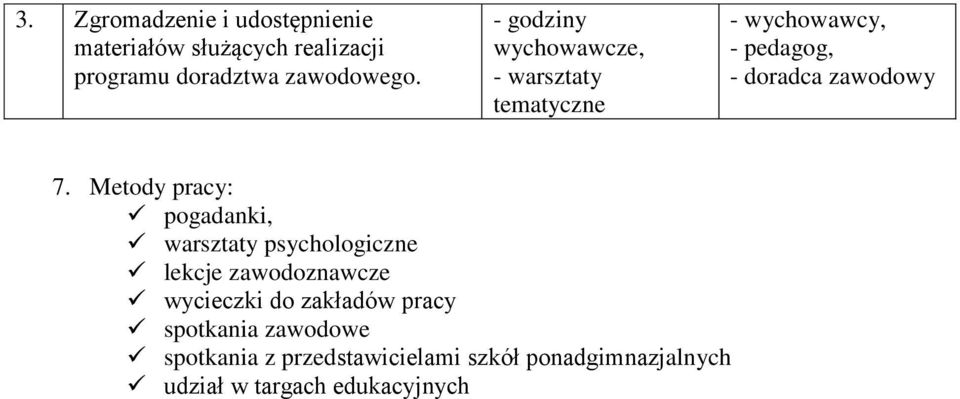 Metody pracy: pogadanki, warsztaty psychologiczne lekcje zawodoznawcze wycieczki do