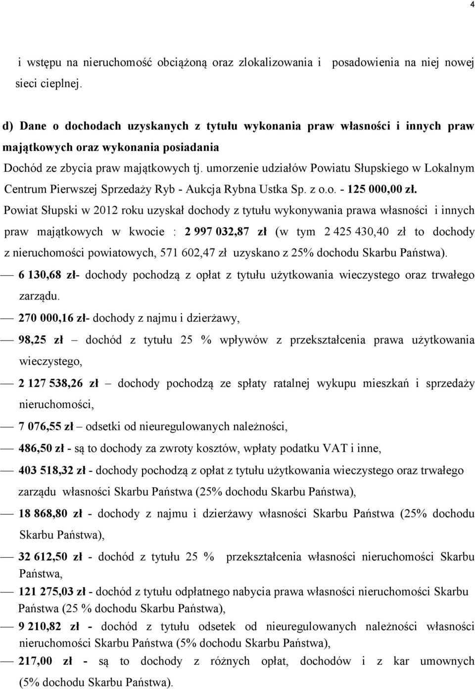 umorzenie udziałów Powiatu Słupskiego w Lokalnym Centrum Pierwszej Sprzedaży Ryb - Aukcja Rybna Ustka Sp. z o.o. - 125 000,00 zł.