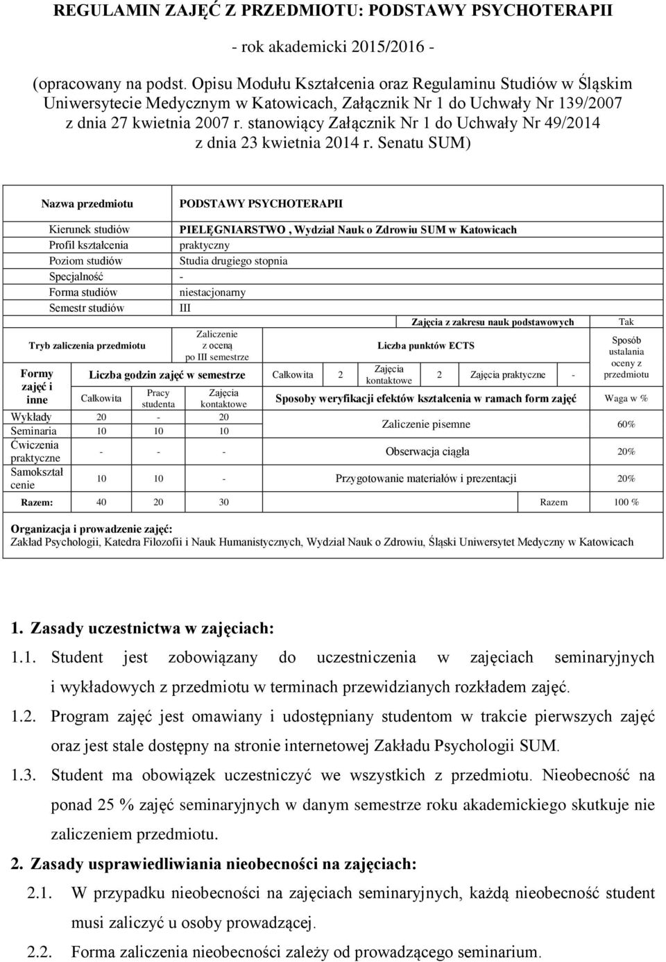 stanowiący Załącznik Nr 1 do Uchwały Nr 49/2014 z dnia 23 kwietnia 2014 r.