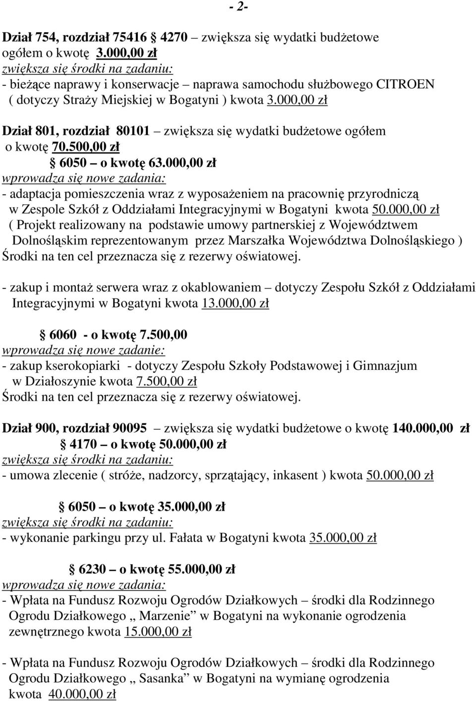 000,00 zł Dział 801, rozdział 80101 zwiększa się wydatki budŝetowe ogółem o kwotę 70.500,00 zł 6050 o kwotę 63.