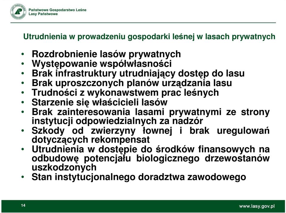 zainteresowania lasami prywatnymi ze strony instytucji odpowiedzialnych za nadzór Szkody od zwierzyny łownej i brak uregulowań dotyczących