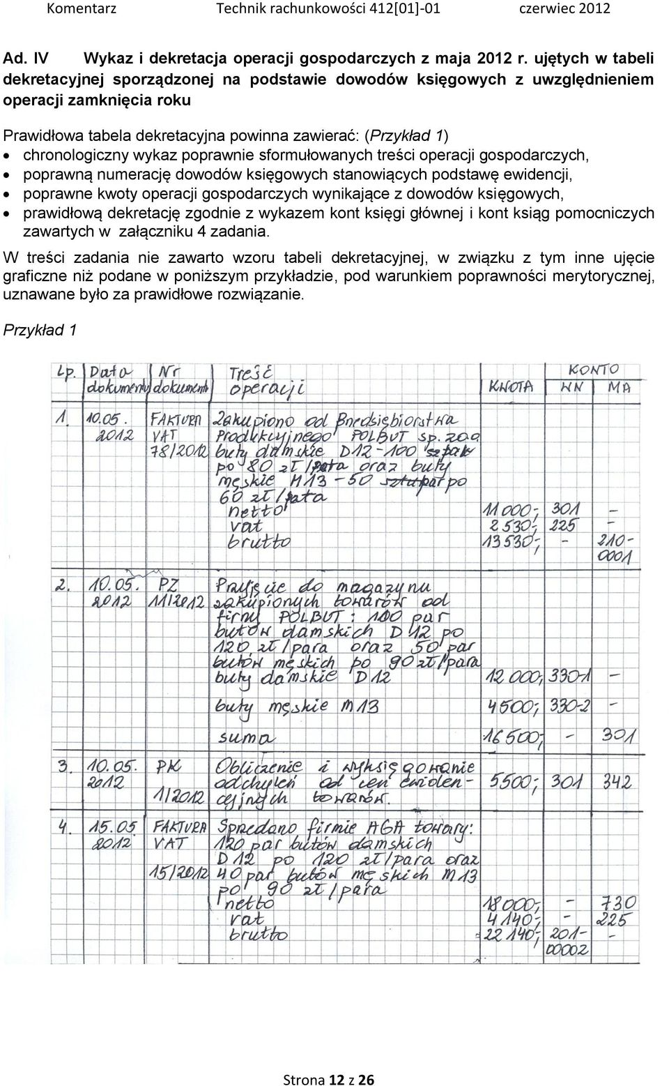 wykaz poprawnie sformułowanych treści operacji gospodarczych, poprawną numerację dowodów księgowych stanowiących podstawę ewidencji, poprawne kwoty operacji gospodarczych wynikające z dowodów