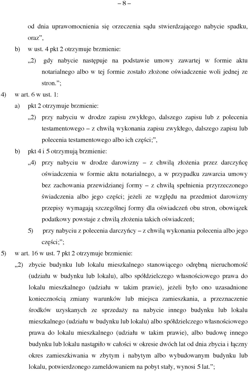 1: a) pkt 2 otrzymuje brzmienie: 2) przy nabyciu w drodze zapisu zwykłego, dalszego zapisu lub z polecenia testamentowego z chwilą wykonania zapisu zwykłego, dalszego zapisu lub polecenia