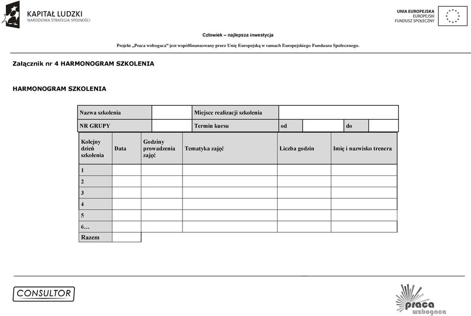 kursu od do Kolejny dzień szkolenia Data Godziny prowadzenia