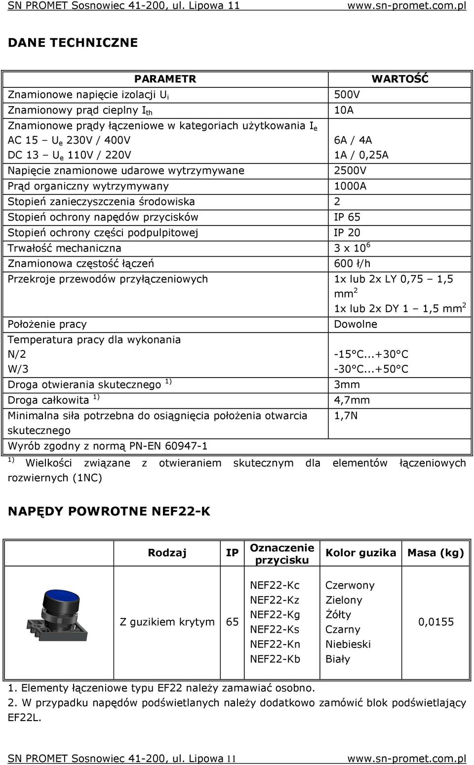 ochrony części podpulpitowej IP 20 Trwałość mechaniczna 3 x 10 6 Znamionowa częstość łączeń 600 ł/h Przekroje przewodów przyłączeniowych 1x lub 2x LY 0,75 1,5 mm 2 PołoŜenie pracy Temperatura pracy