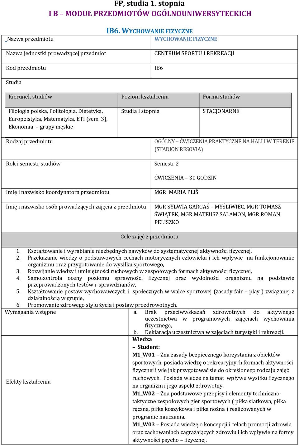 (sem. 3), Ekonomia grupy męskie Studia I stopnia STACJONARNE Rodzaj przedmiotu OGÓLNY ĆWICZENIA PRAKTYCZNE NA HALI I W TERENIE (STADION RESOVIA) Rok i semestr studiów Semestr ĆWICZENIA 30 GODZIN Imię