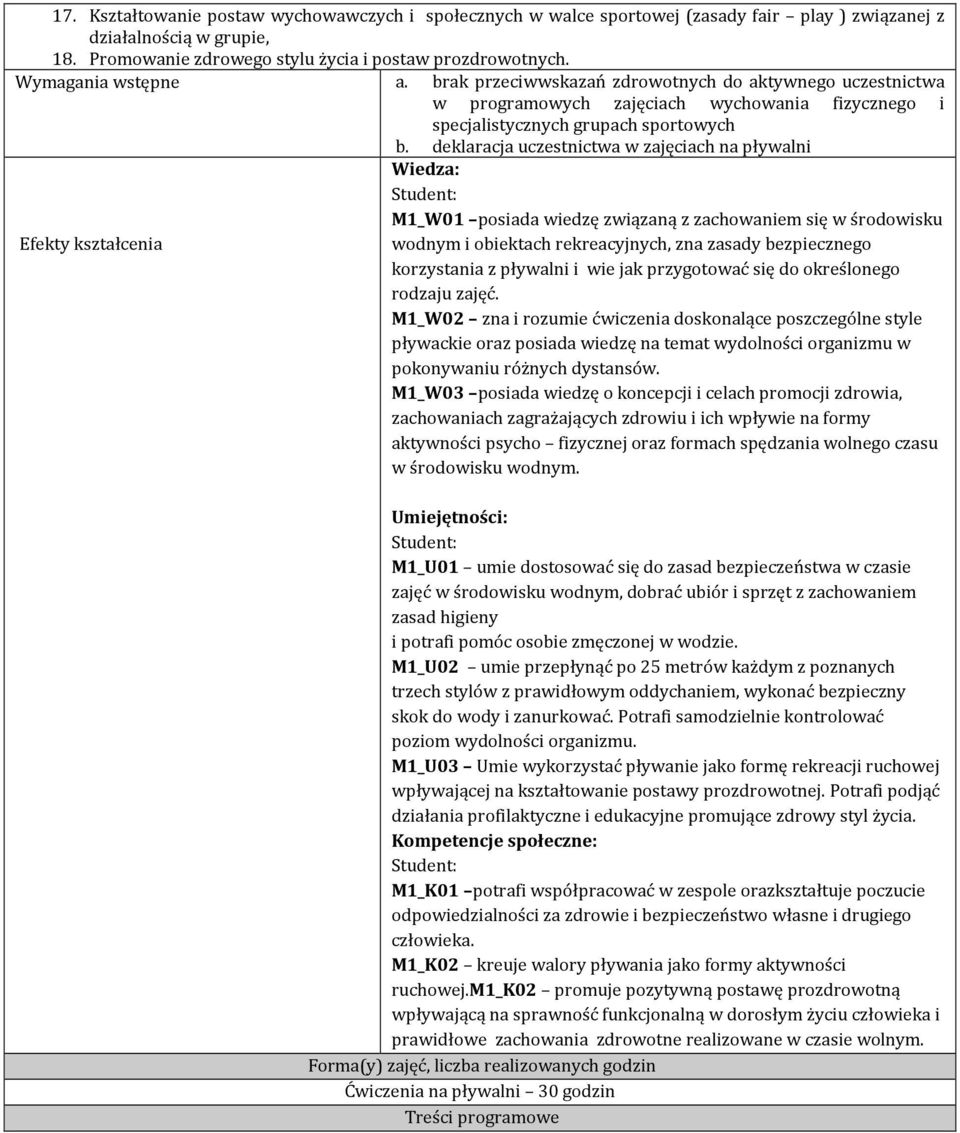 deklaracja uczestnictwa w zajęciach na pływalni Wiedza: Student: M1_W01 posiada wiedzę związaną z zachowaniem się w środowisku Efekty kształcenia wodnym i obiektach rekreacyjnych, zna zasady