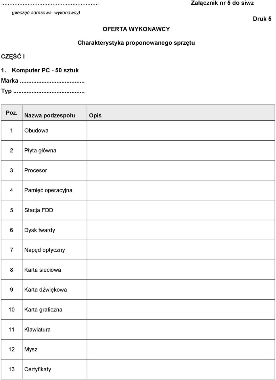 Nazwa podzespołu Opis 1 Obudowa 2 Płyta główna 3 Procesor 4 Pamięć operacyjna 5 Stacja FDD 6