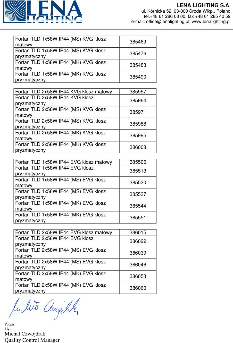 2x58W IP44 (MK) KVG klosz 386008 Fortan TLD 1x58W IP44 EVG klosz 385506 Fortan TLD 1x58W IP44 EVG klosz 385513 Fortan TLD 1x58W IP44 (MS) EVG klosz 385520 Fortan TLD 1x58W IP44 (MS) EVG klosz 385537