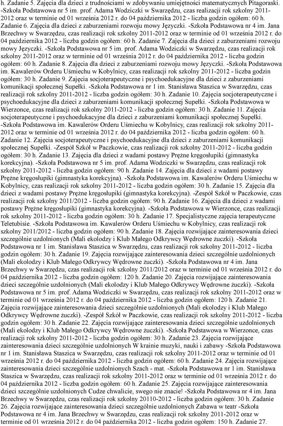 Zajęcia dla dzieci z zaburzeniami rozwoju mowy Języczki. -Szkoła Podstawowa nr 4 im. Jana Brzechwy w Swarzędzu, czas realizacji rok szkolny 2011-2012 oraz w terminie od 01 września 2012 r.