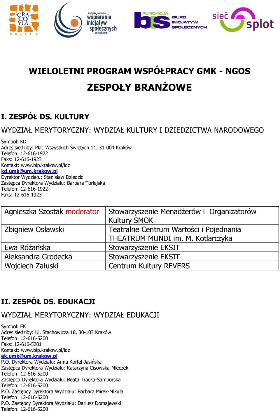 pl Dyrektor Wydziału: Stanisław Dziedzic Zastępca Dyrektora Wydziału: Barbara Turlejska Telefon: 12-616-1922 Faks: 12-616-1923 Agnieszka Szostak moderator Zbigniew Osławski Ewa RóŜańska Aleksandra