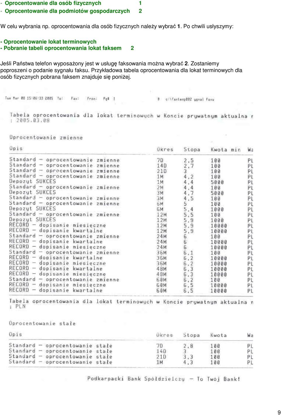 Po chwili usłyszymy: - Oprocentowanie lokat terminowych - Pobranie tabeli oprocentowania lokat faksem 2 Jeśli Państwa