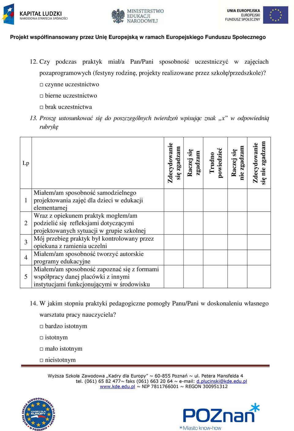 Proszę ustosunkować się do poszczególnych twierdzeń wpisując znak x w odpowiednią rubrykę Lp Zdecydowanie się zgadzam Raczej się zgadzam Trudno powiedzieć Raczej się nie zgadzam Zdecydowanie się nie