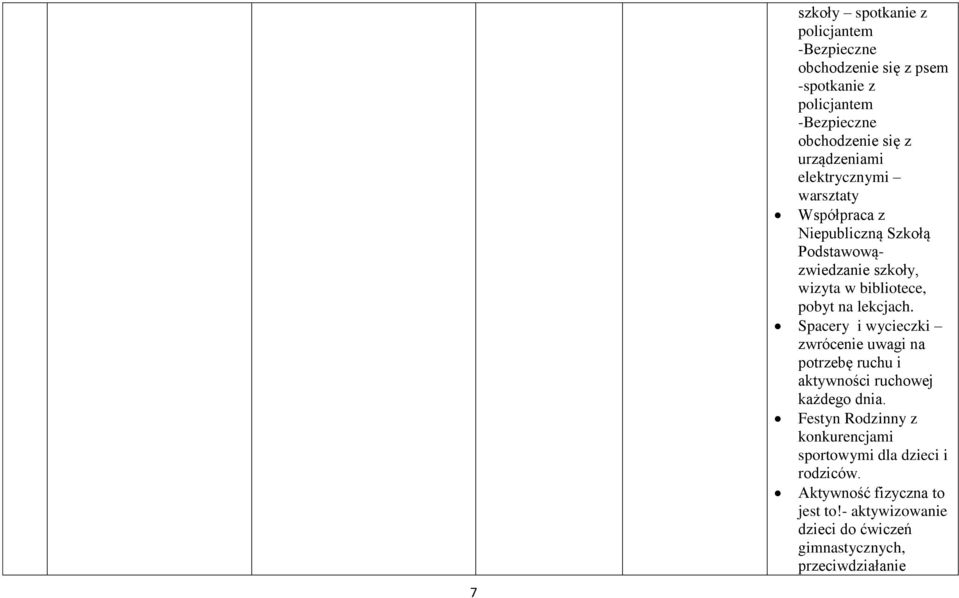 lekcjach. Spacery i wycieczki zwrócenie uwagi na potrzebę ruchu i aktywności ruchowej każdego dnia.