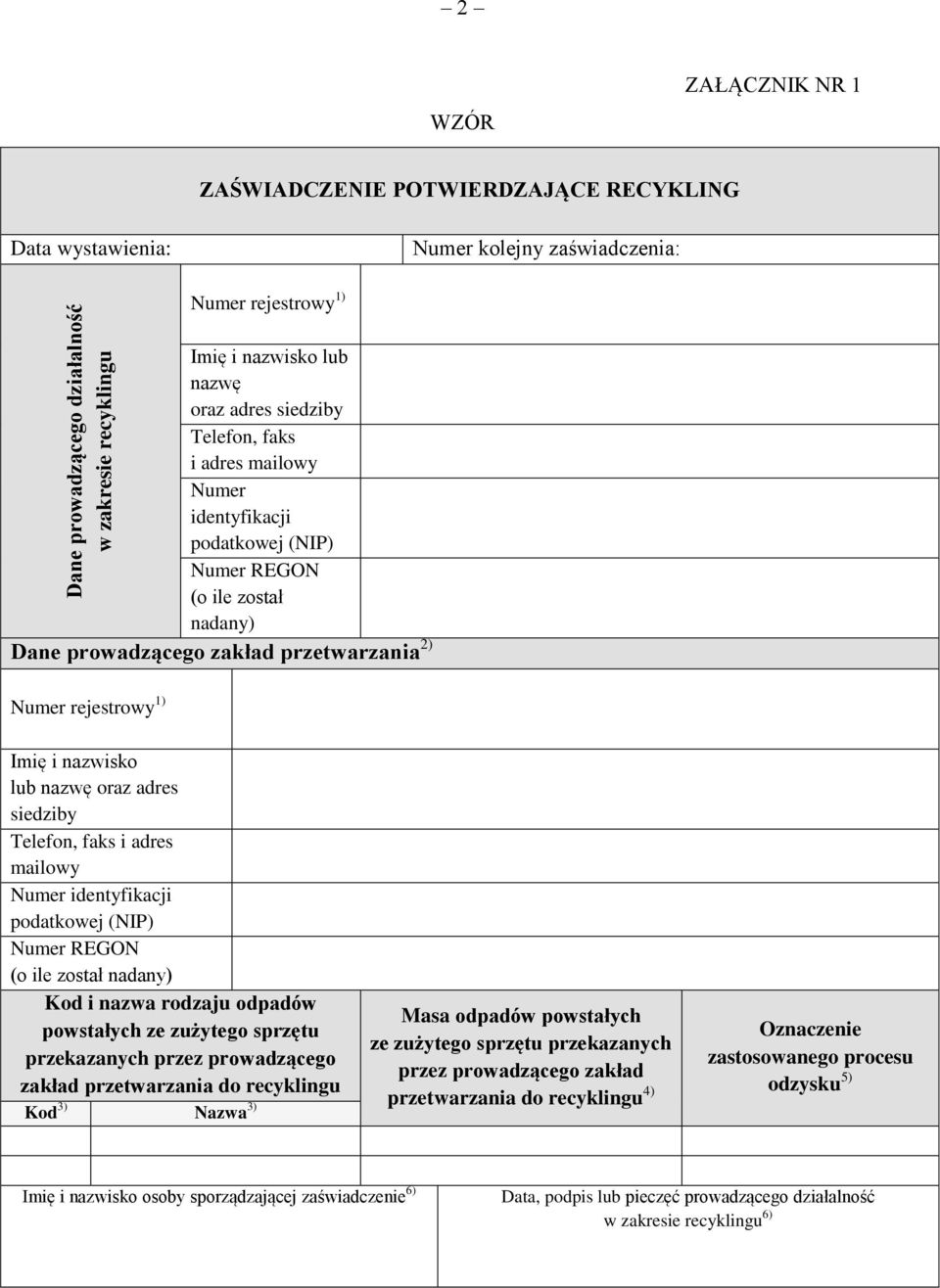 Numer identyfikacji (o ile został nadany) Kod i nazwa rodzaju odpadów powstałych ze zużytego sprzętu przekazanych przez prowadzącego zakład przetwarzania do recyklingu Kod 3) Nazwa 3) Masa odpadów
