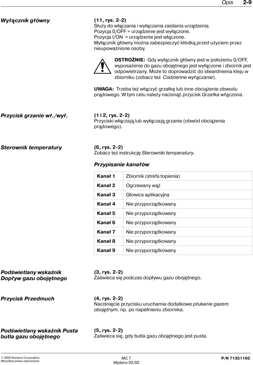 OSTRONIE: Gdy wy³¹cznik g³ówny jest w po³o eniu 0/OFF, wyposa enie do gazu obojêtnego jest wy³¹czone i zbiornik jest odpowietrzany.