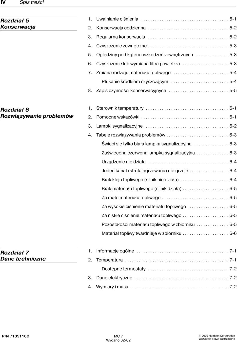 Zmiana rodzaju materia³u topliwego........................ 5-4 P³ukanie œrodkiem czyszcz¹cym......................... 5-4 8. Zapis czynnoœci konserwacyjnych.......................... 5-5 Rozdzia³ 6 Rozwi¹zywanie problemów 1.