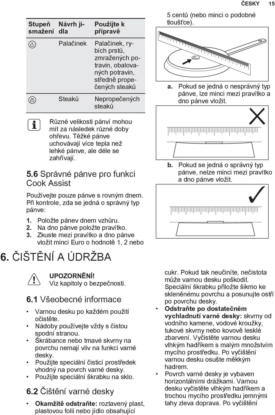 Těžké pánve uchovávají více tepla než lehké pánve, ale déle se zahřívají. 5.6 Správné pánve pro funkci Cook Assist Používejte pouze pánve s rovným dnem.