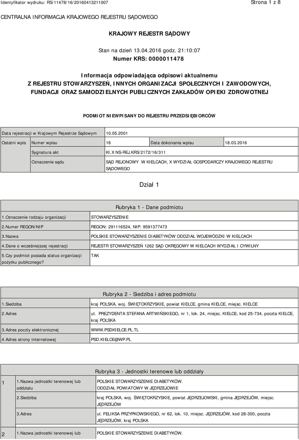 OPIEKI ZDROWOTNEJ PODMIOT NIEWPISANY DO REJESTRU PRZEDSIĘBIORCÓW Data rejestracji w Krajowym Rejestrze Sądowym 10.05.2001 Ostatni wpis Numer wpisu 16 Data dokonania wpisu 18.03.