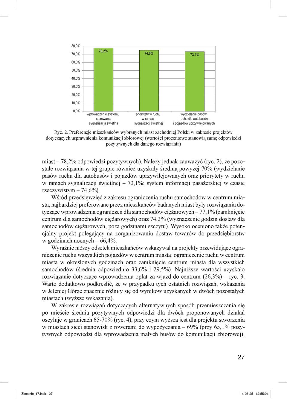 Preferencje mieszkańców wybranych miast zachodniej Polski w zakresie projektów dotyczących usprawnienia komunikacji zbiorowej (wartości procentowe stanowią sumę odpowiedzi pozytywnych dla danego