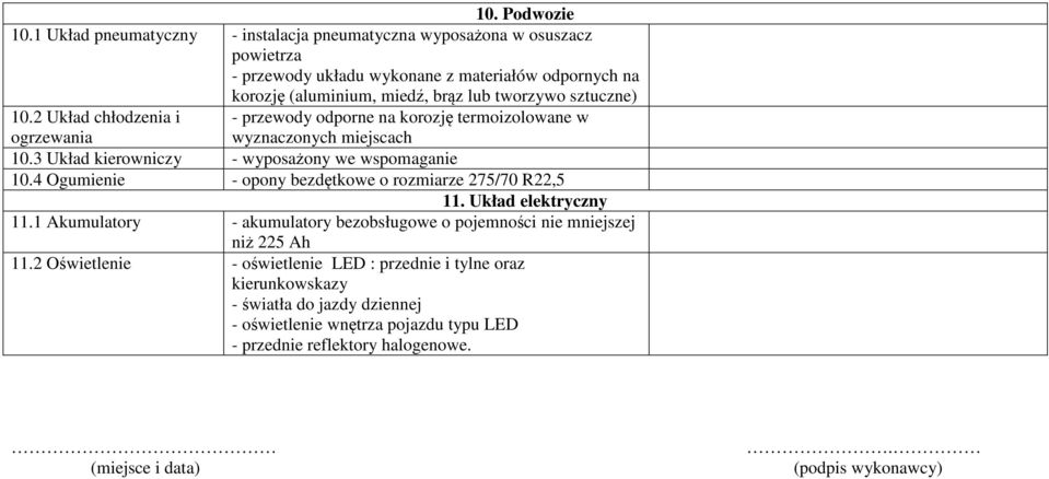sztuczne) 10.2 Układ chłodzenia i - przewody odporne na korozję termoizolowane w ogrzewania wyznaczonych miejscach 10.3 Układ kierowniczy - wyposażony we wspomaganie 10.