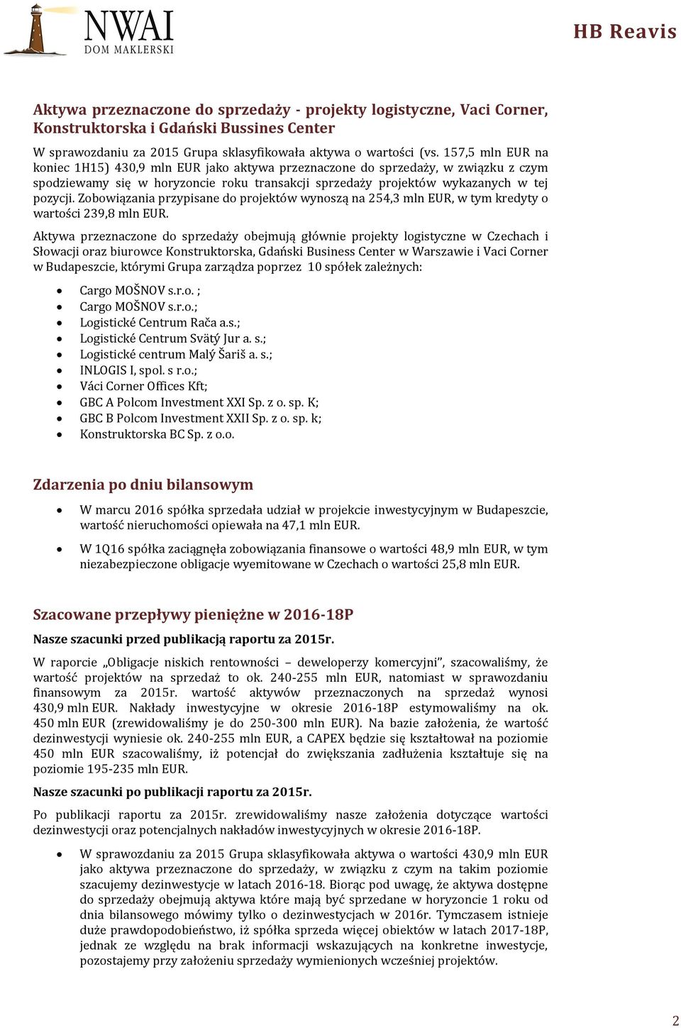 Zobowiązania przypisane do projektów wynoszą na 254,3 mln EUR, w tym kredyty o wartości 239,8 mln EUR.